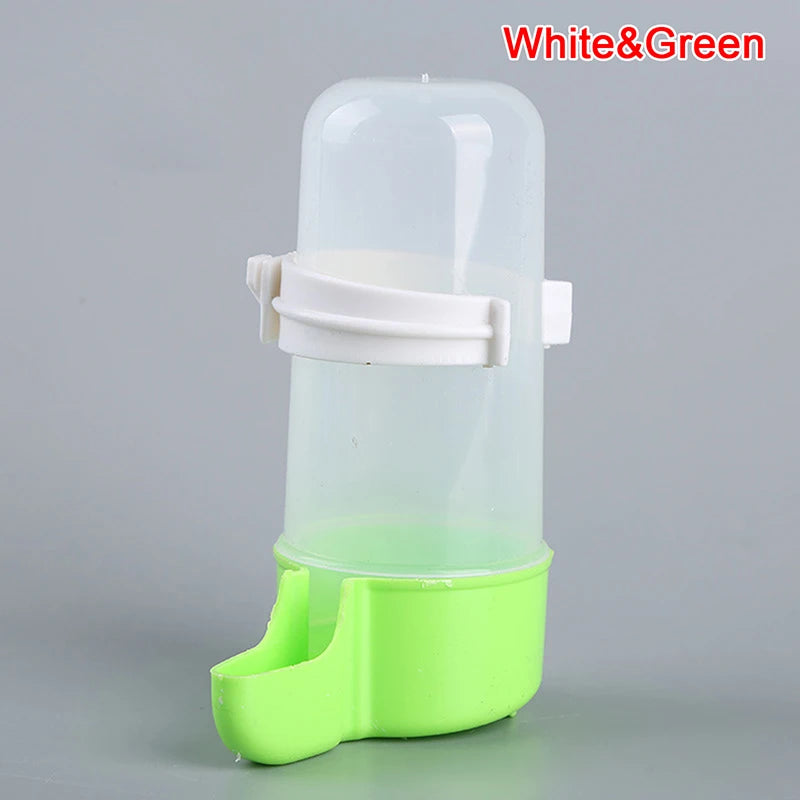 Automatic white and green plastic bird water feeder for parrot cages to keep pets hydrated easily.
