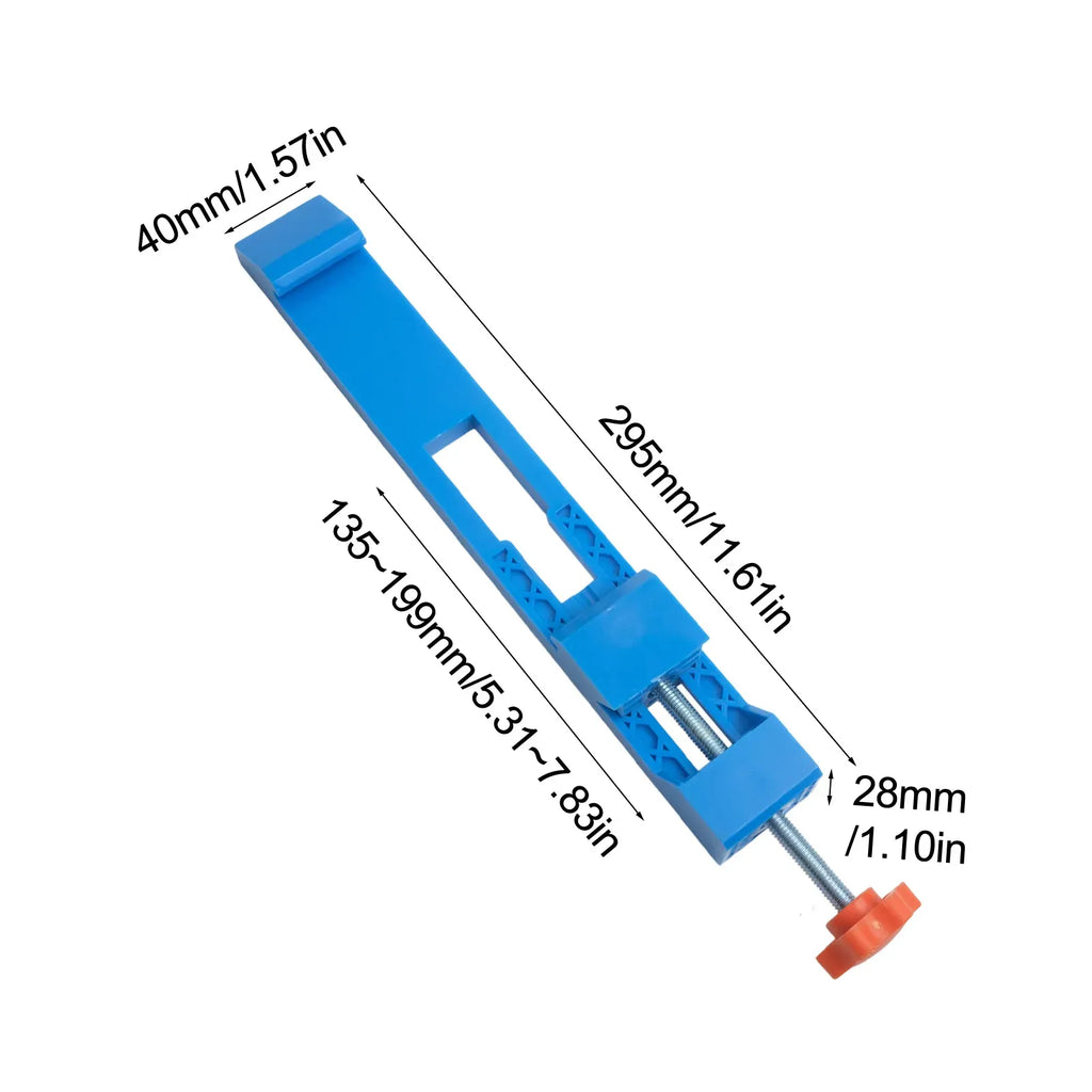 Blue milling positioning guide clamp with orange screw knob and long slot