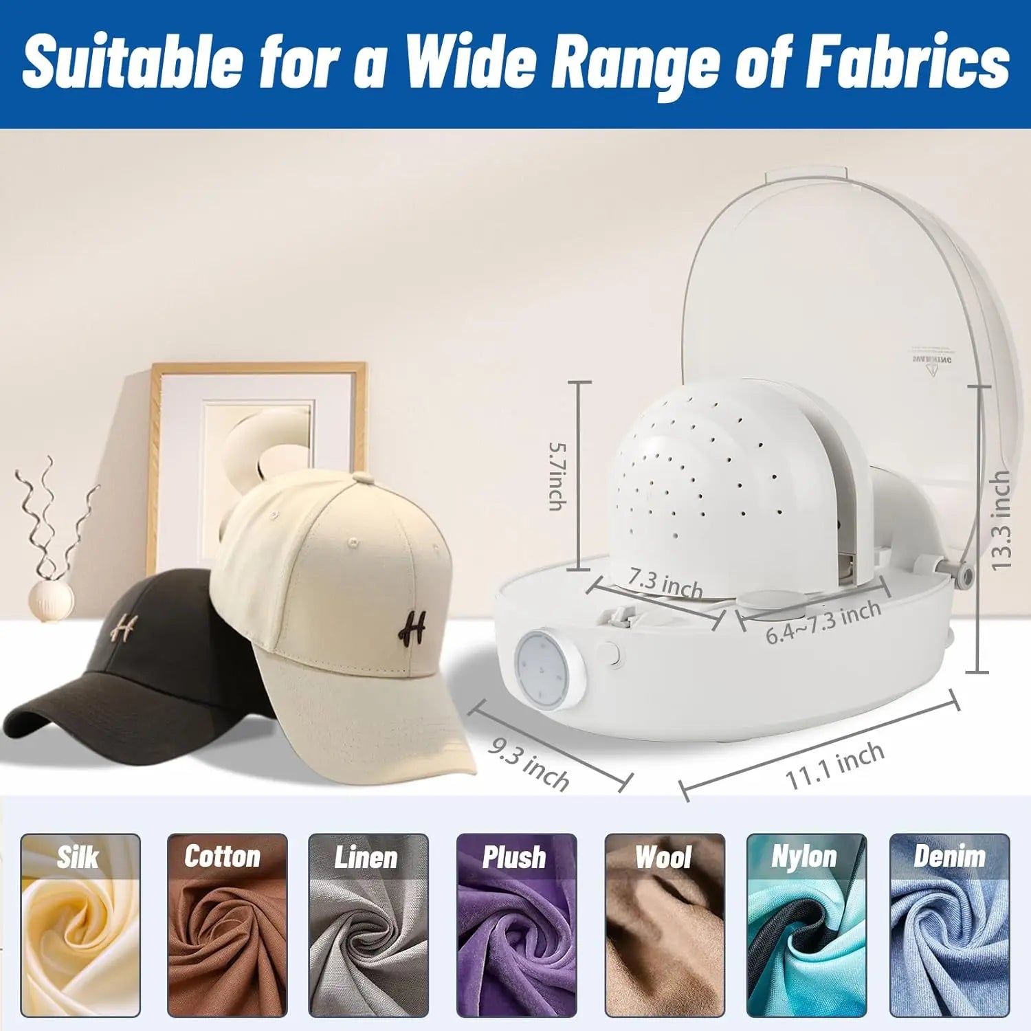 Tidesmit automatic cap cleaner featuring steam cleaning, ironing, and drying functions for baseball and bucket hats.
