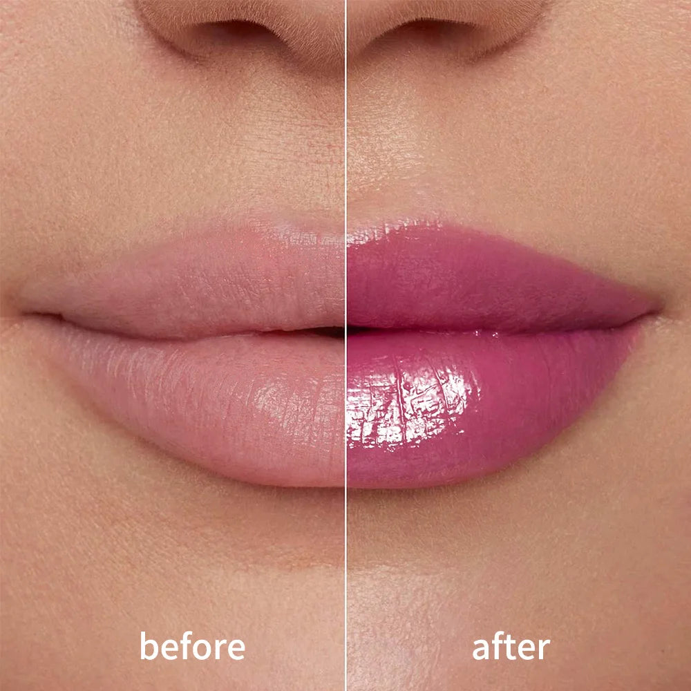 Before and after comparison of lips wearing moisturizing, non-sticky Kulfée staining lip oil with glossy pink finish.