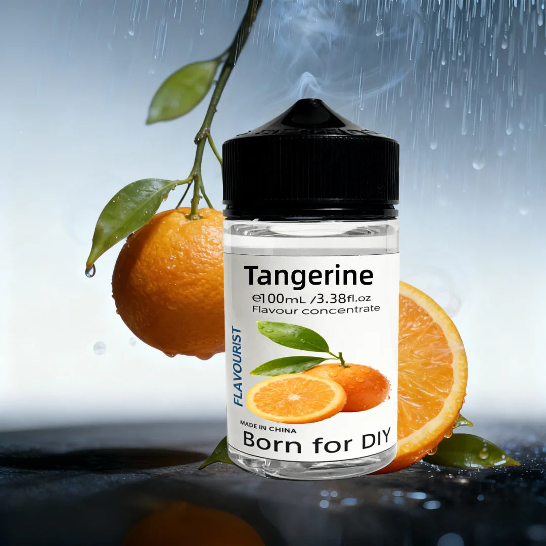 This image does not contain mushroom or adaptogen products. It shows a bottle of Tangerine flavor concentrate for DIY.