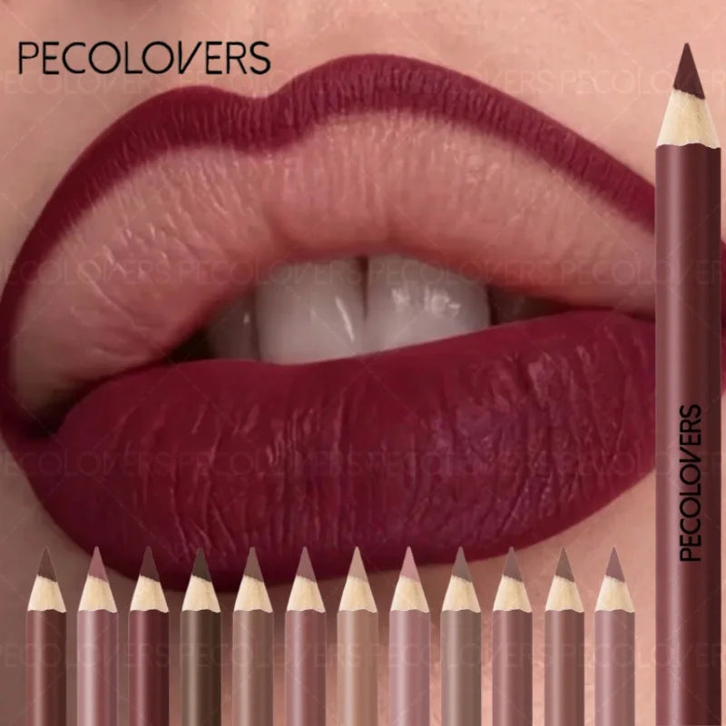 Long-lasting waterproof matte lip liner pencil in a rich plum-brown shade with a smooth, professional application.