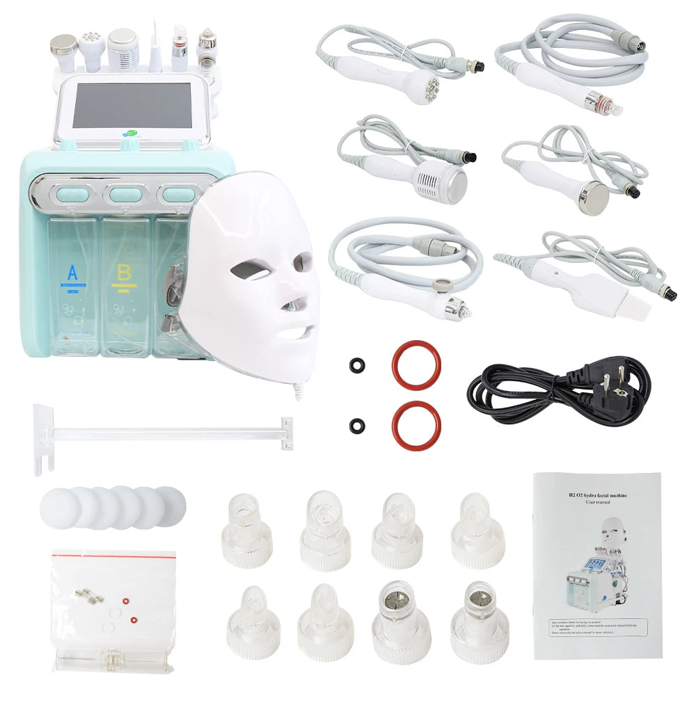 7-in-1 water dermabrasion facial machine with LED mask, cleaning wands, and accessories for professional skin care.