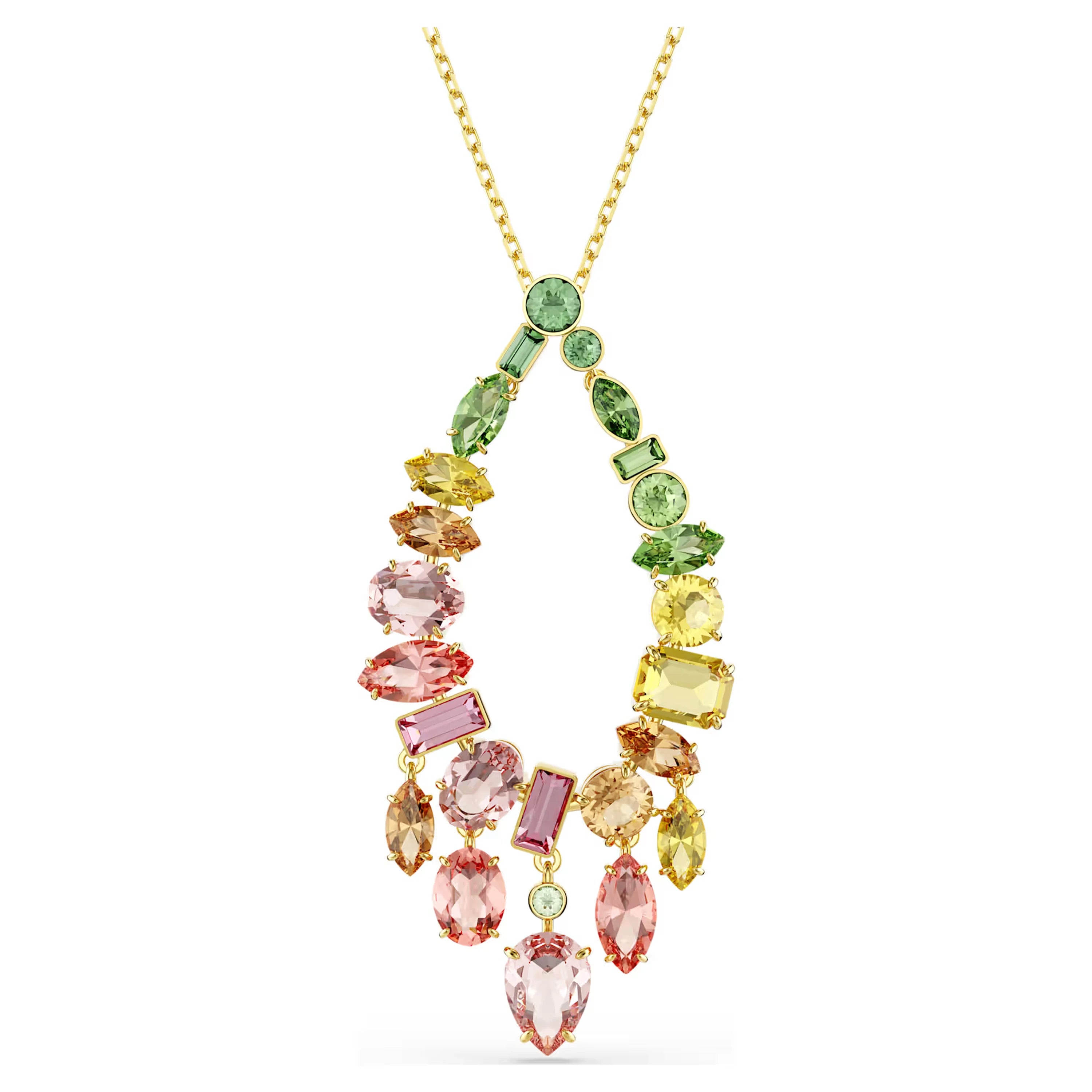 Luxury Gold Plated Pendant Necklace With Crystal Rhinestones Multi Color Pear Cut Stones Box Chain Women Party Jewelry