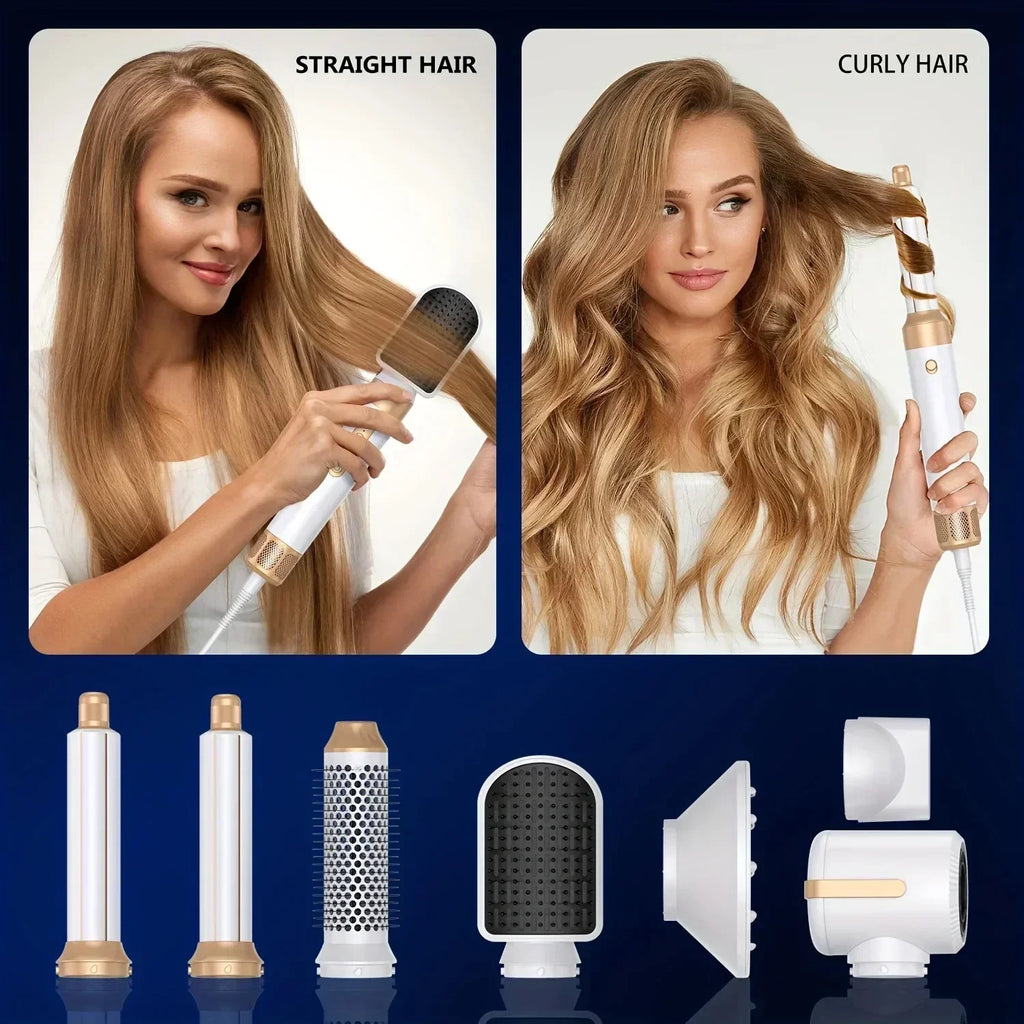 TINSOL 7-in-1 hair dryer brush set: white and gold styler with straightener, curling iron, and dryer attachments.