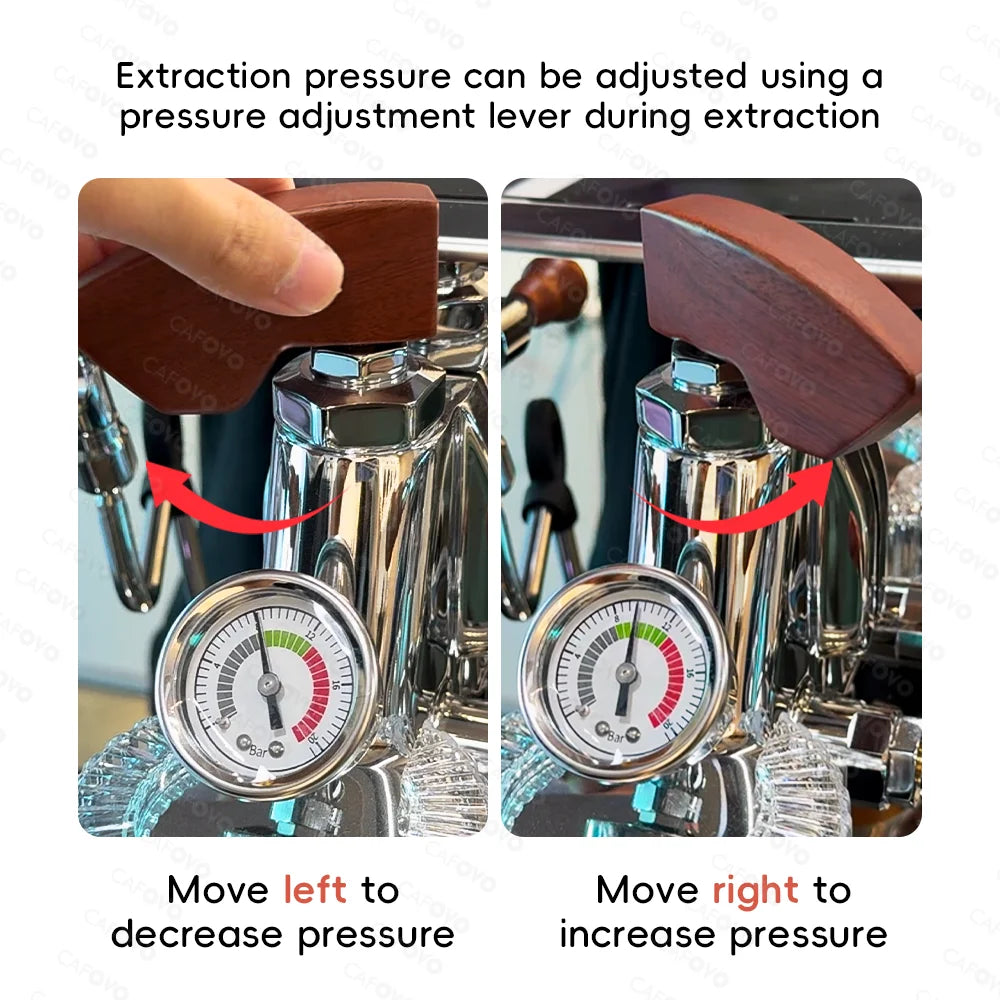 Cafovo espresso machine: chrome pressure-adjustable lever with wood handle and integrated bar pressure gauge.