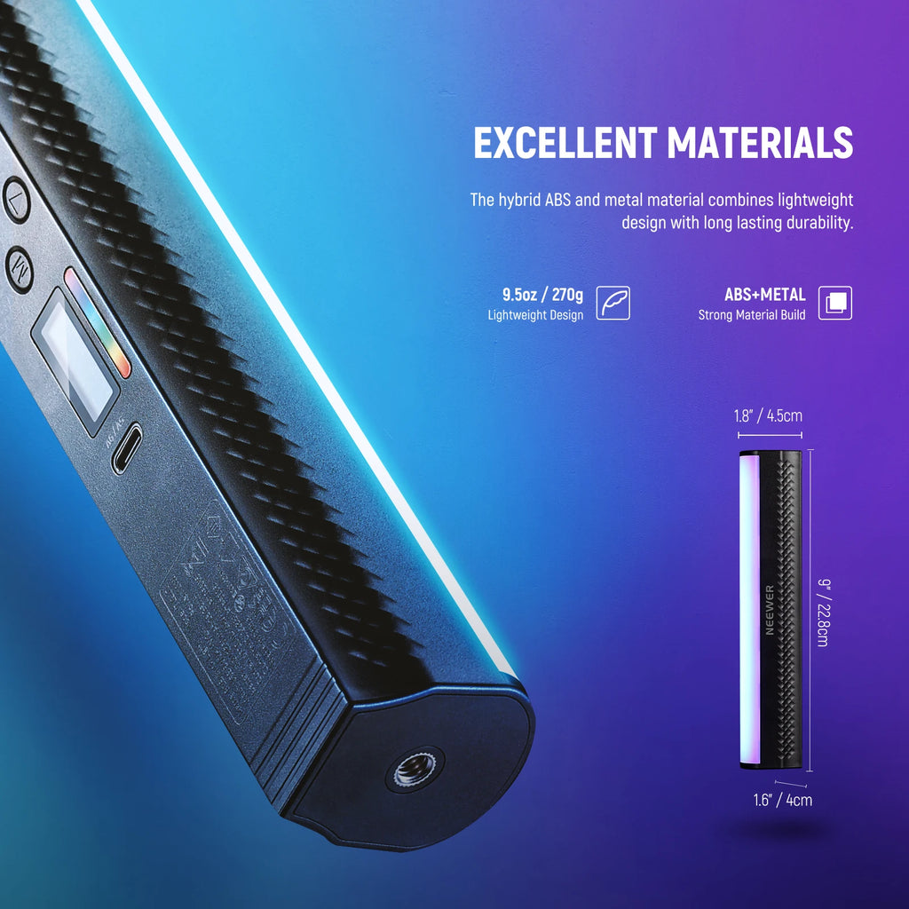 Black portable LED light bar with ABS and metal casing, featuring a digital display for photography lighting.