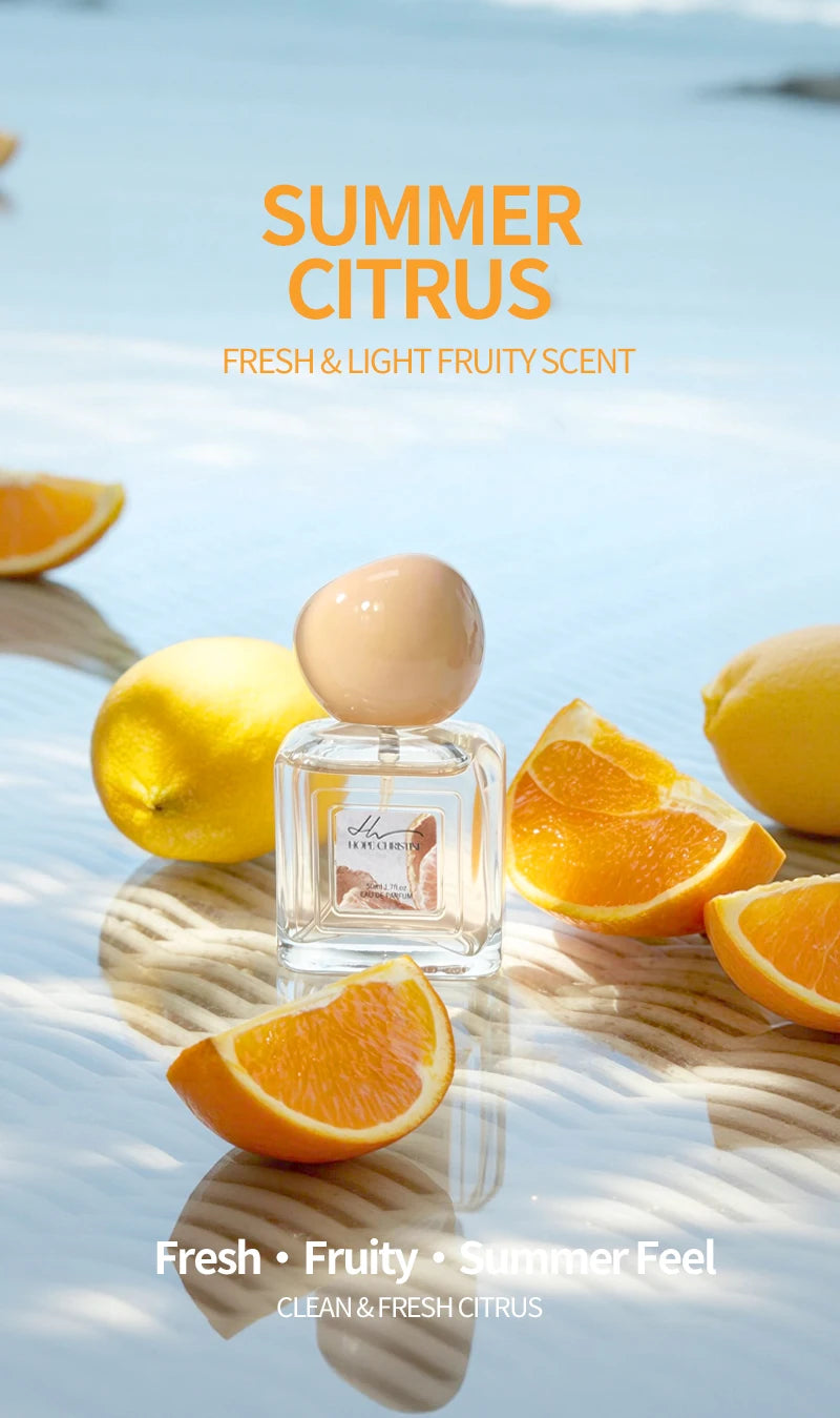 Hope Christin Summer Fresh Pea EDP: Citrus, pomelo, vanilla coconut scent in a square bottle with round cap for women.