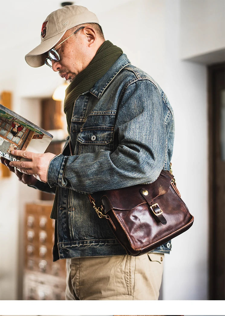 Fashion vintage outdoor daily genuine leather men's small phone shoulder bag designer handmade luxury cow leather crossbody bag