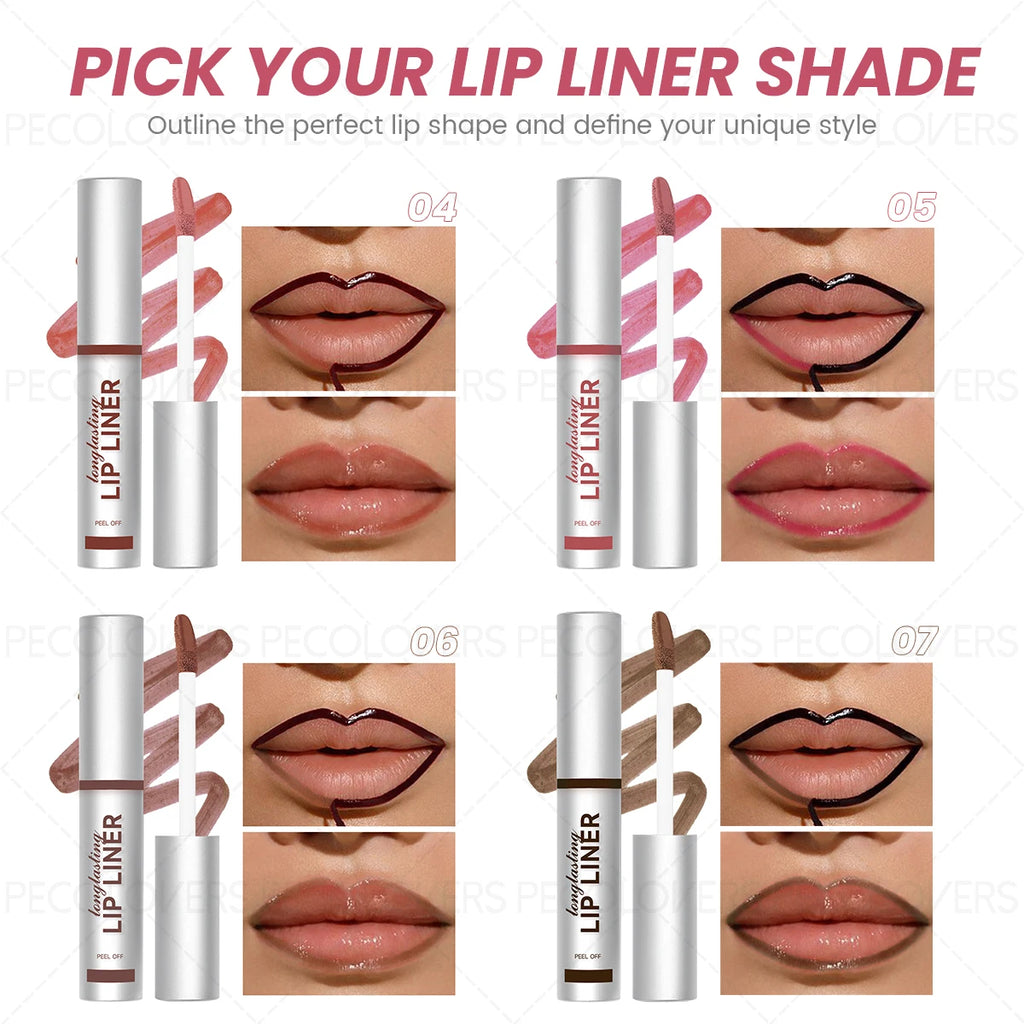 Waterproof peel-off lip liner in 4 matte shades for long-lasting, defined lip contouring and custom tint application.