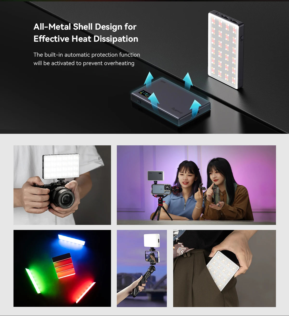 Slim metal LED video light with multi-color settings for camera and phone photography, showing heat dissipation design.