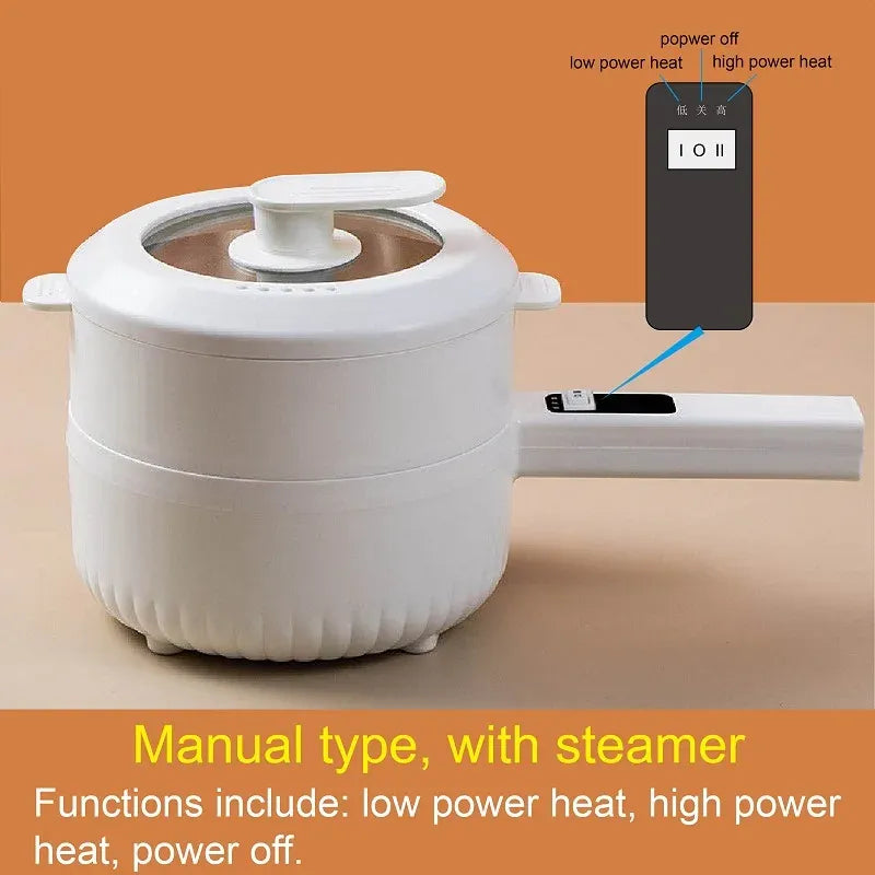 Electric cooking pot with steamer lid; control panel shows power settings and off/on indicator