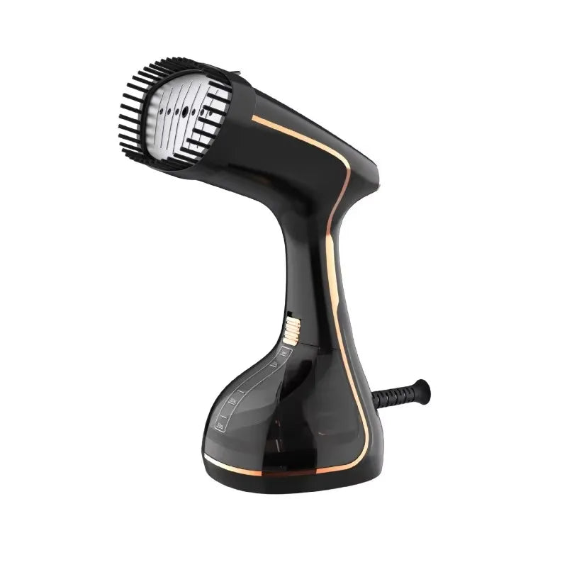 Portable handheld garment steamer, black body with orange trim and vented nozzle