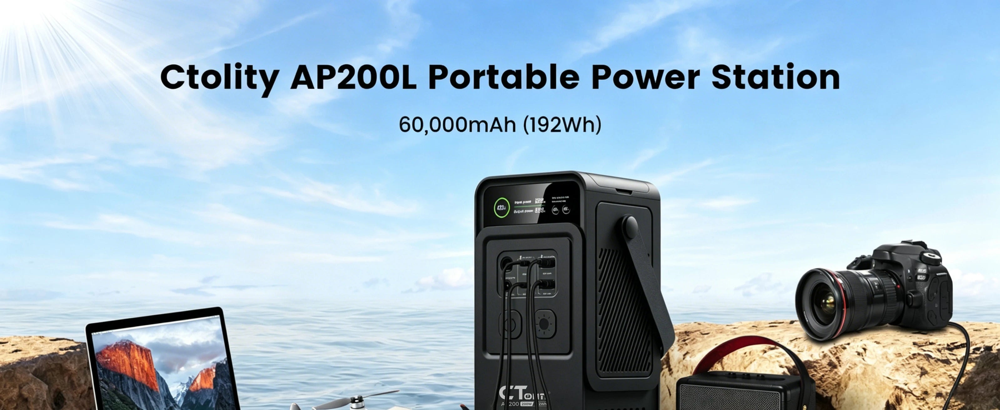 CTOLITY 192Wh Power Station 110V 200W Power Bank Outdoor Camping Portable Solar Generator LiFePO4 Battery Home Backup Power Supply 60000 mAh Emergency Battery
