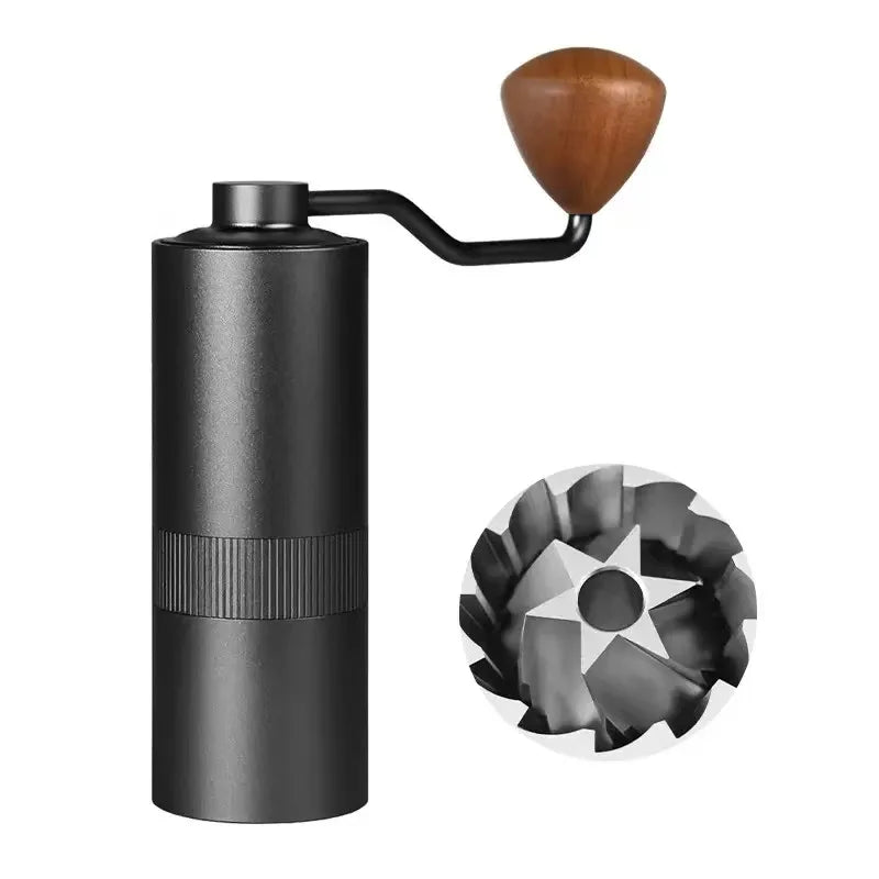 Black manual coffee grinder with metal body, wooden handle, and detailed stainless steel burr set for precision.