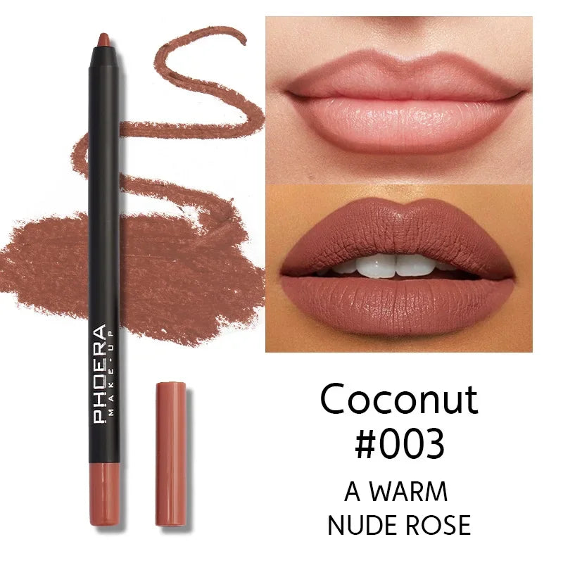 Nude brown matte lip liner pencil in Coconut #003, showing smooth, long-lasting waterproof lip makeup application.