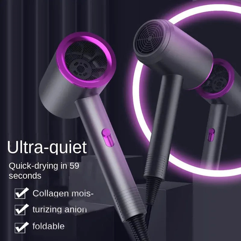 Ultra-silent purple and gray high-speed ionic hair dryer for fast, professional home hair drying.