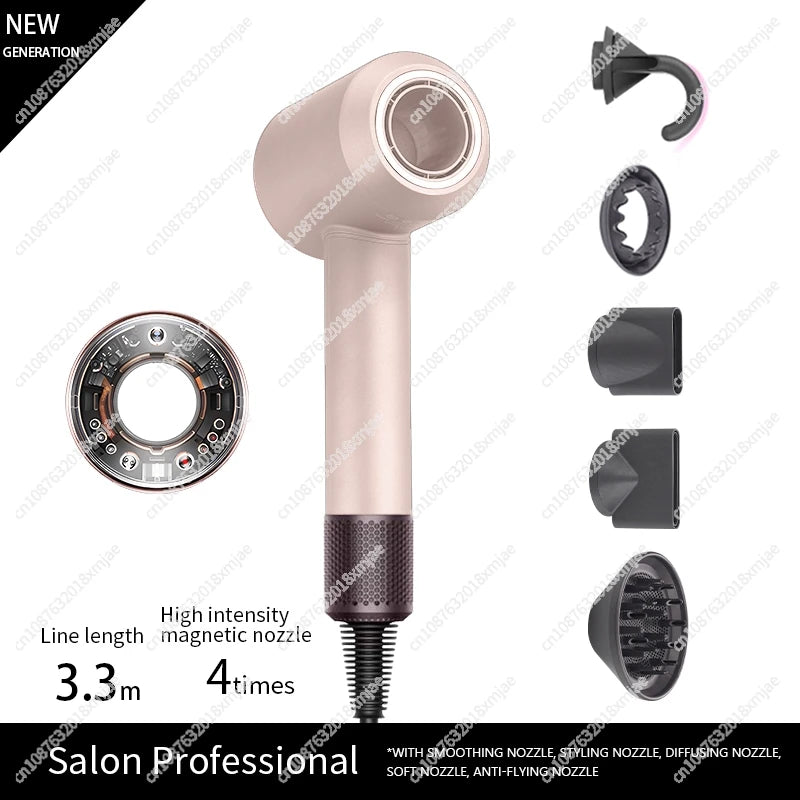 Rose gold leafless ionic hair dryer with 5 magnetic styling attachments and 3.3m cord for professional salon results.