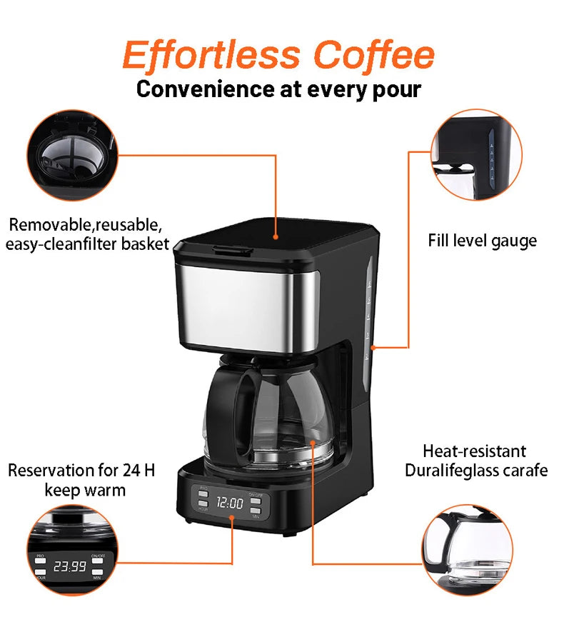 Black and silver programmable coffee maker with glass carafe, reusable filter, and digital 24-hour timer display.