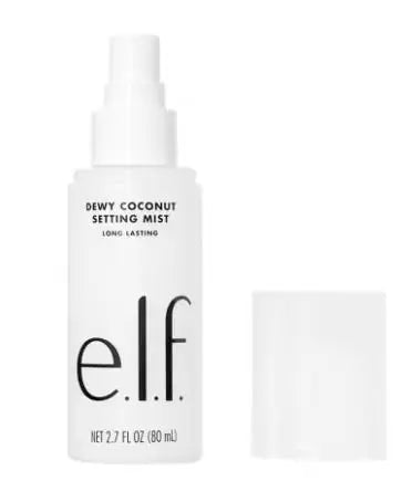 e.l.f. Dewy Coconut Setting Mist in a white 80ml spray bottle with cap for all skin types.