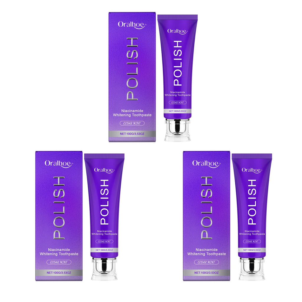Tidesmit purple niacinamide teeth whitening toothpaste for plaque removal and fresh breath.