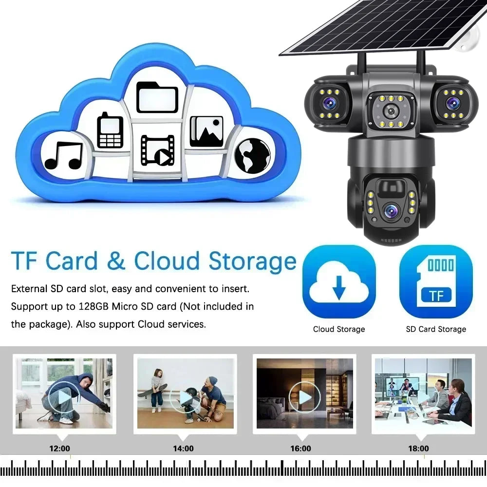 V380 Solar 4G IP Camera Outdoor 12MP 6K Triple Lenses Triple Screens Security Video Monitor Night Vision Waterproof CCTV Cameras