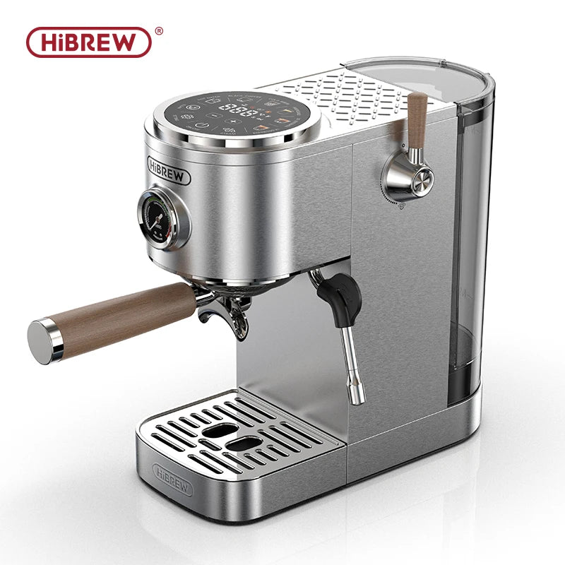 HiBREW stainless steel espresso machine with digital touch display, pressure gauge, and wood-grain handle.