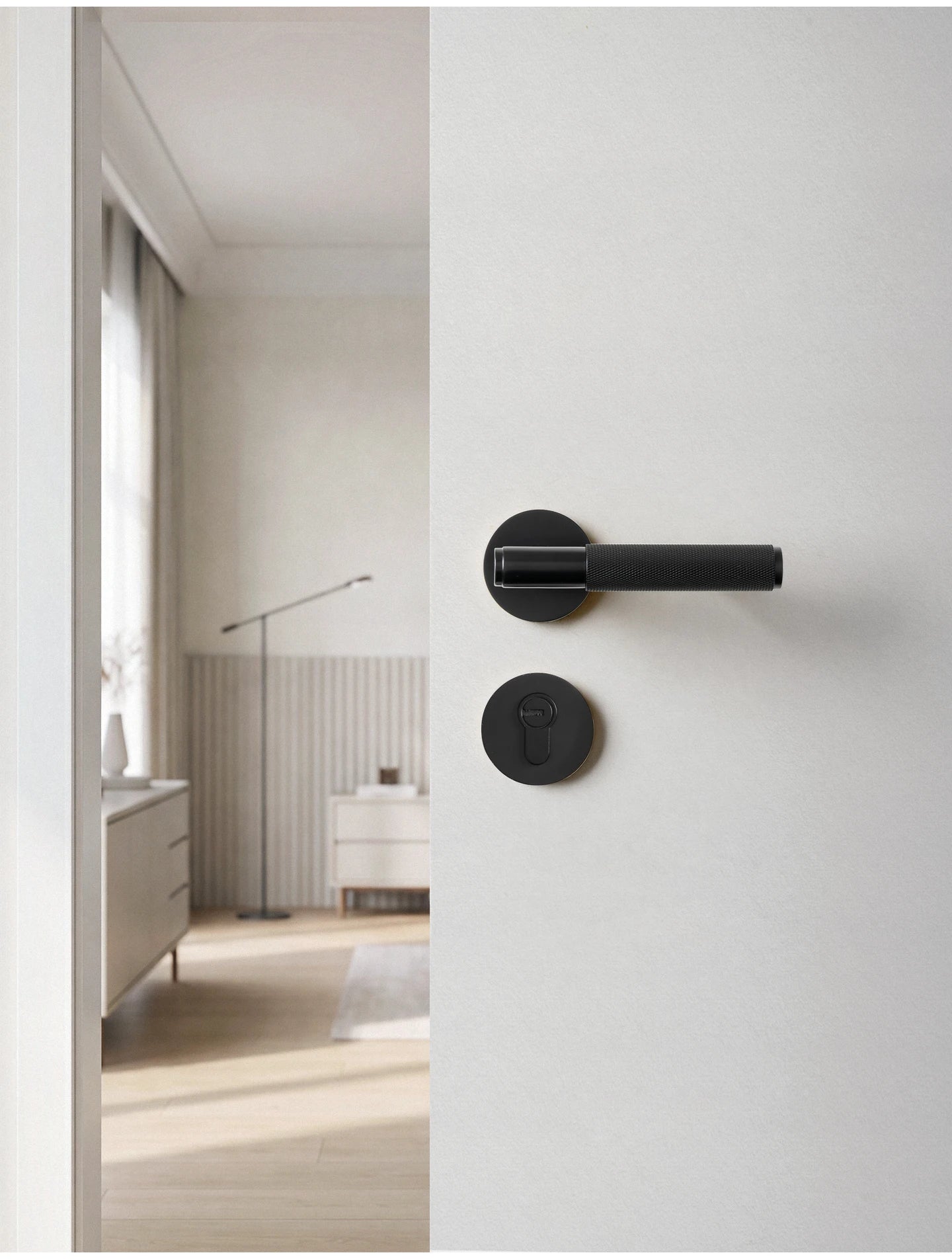 DOOROOM Brass Door Lock Set Modern Knurled Matte Black Interior Door Lock Decorative Lock Privacy Lock Passage Lock