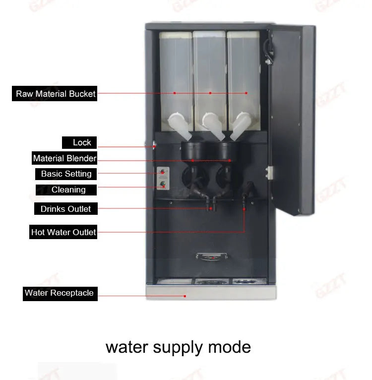 GZZT industrial 3-flavor coffee and beverage dispenser with raw material buckets and hot water outlet.