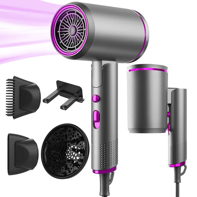 Foldable grey negative ion hair dryer with nozzle attachments and diffuser for salon-quality drying and hair care.