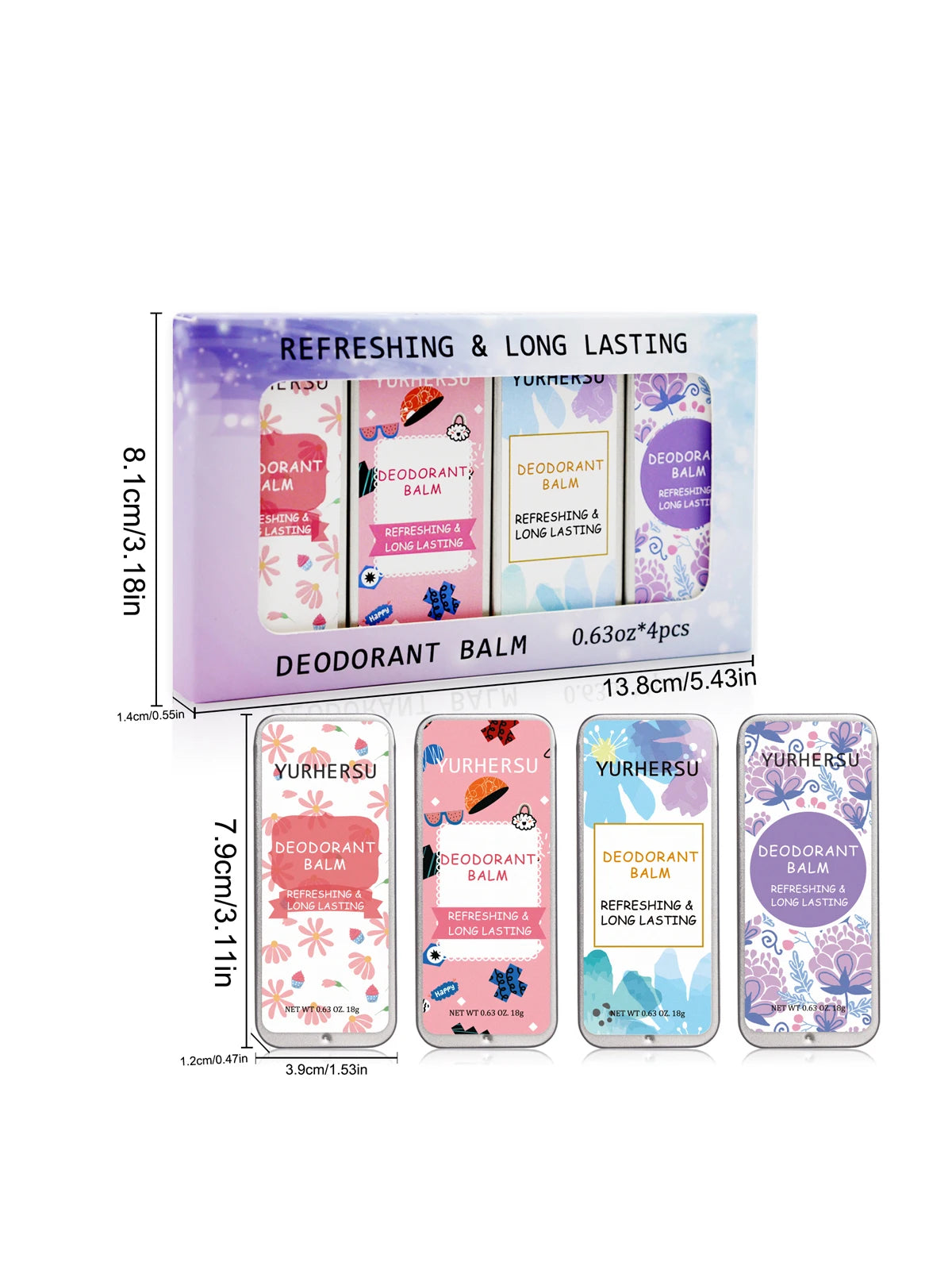 Four-piece deodorant balm set in colorful floral and patterned tins for long-lasting freshness and confidence.