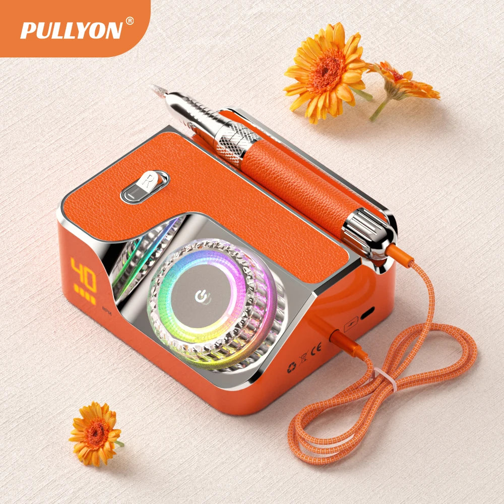 Orange luxury 40000RPM rechargeable electric nail drill machine with LED speed display and handheld nail polisher pen.