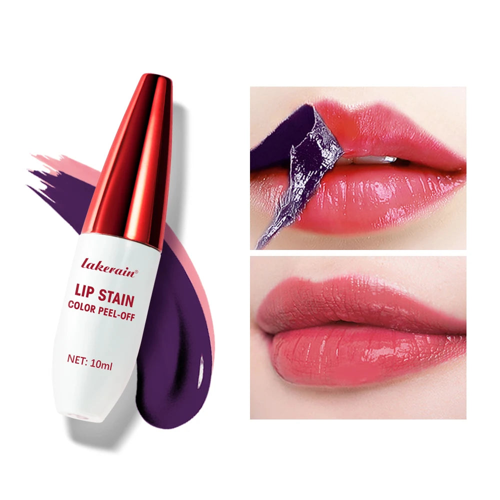 Waterproof peel-off lip stain in a red bottle, showing deep purple formula and a natural matte pink lip color result.