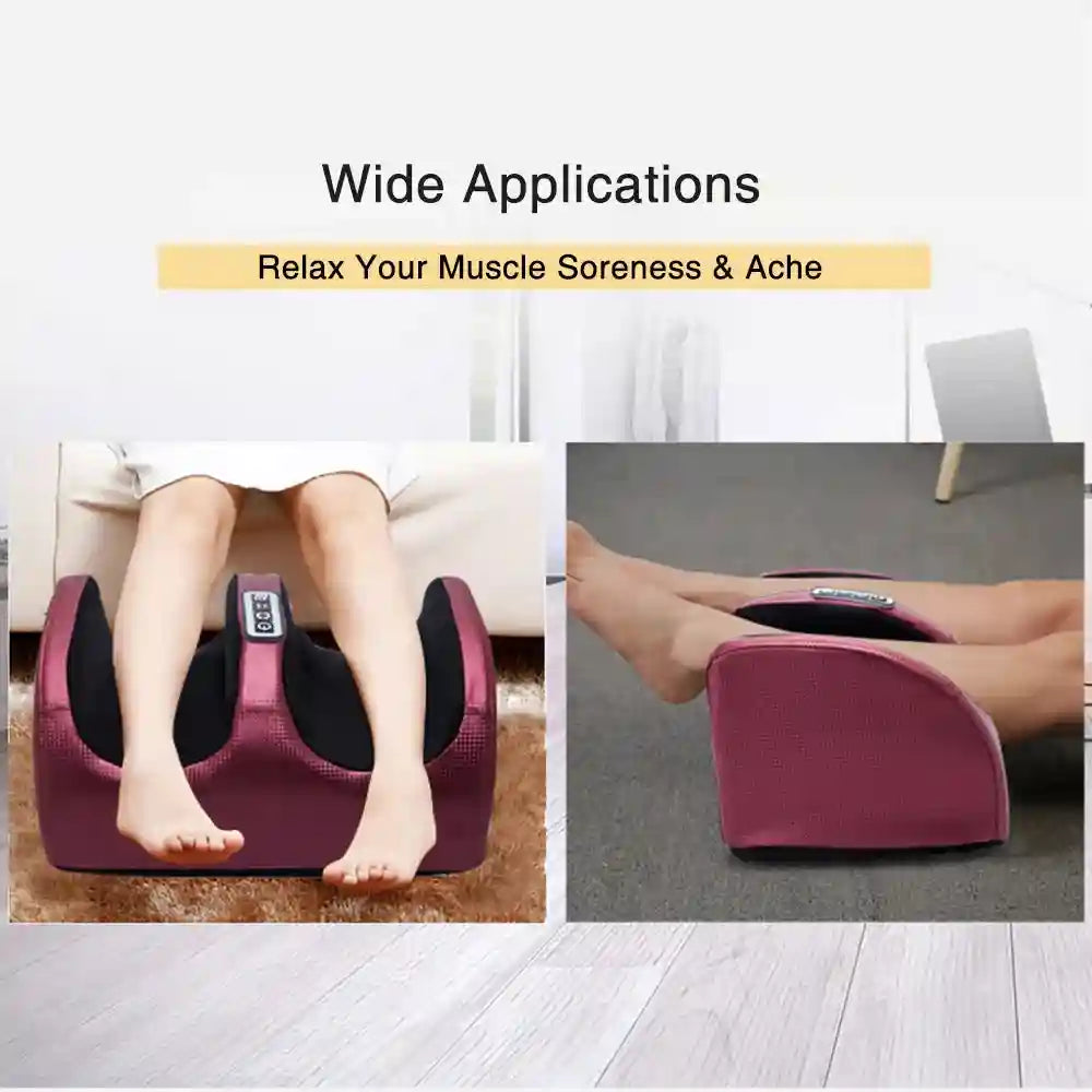 Red electric shiatsu foot massager with heating therapy and kneading rollers for home muscle relaxation and pain relief.