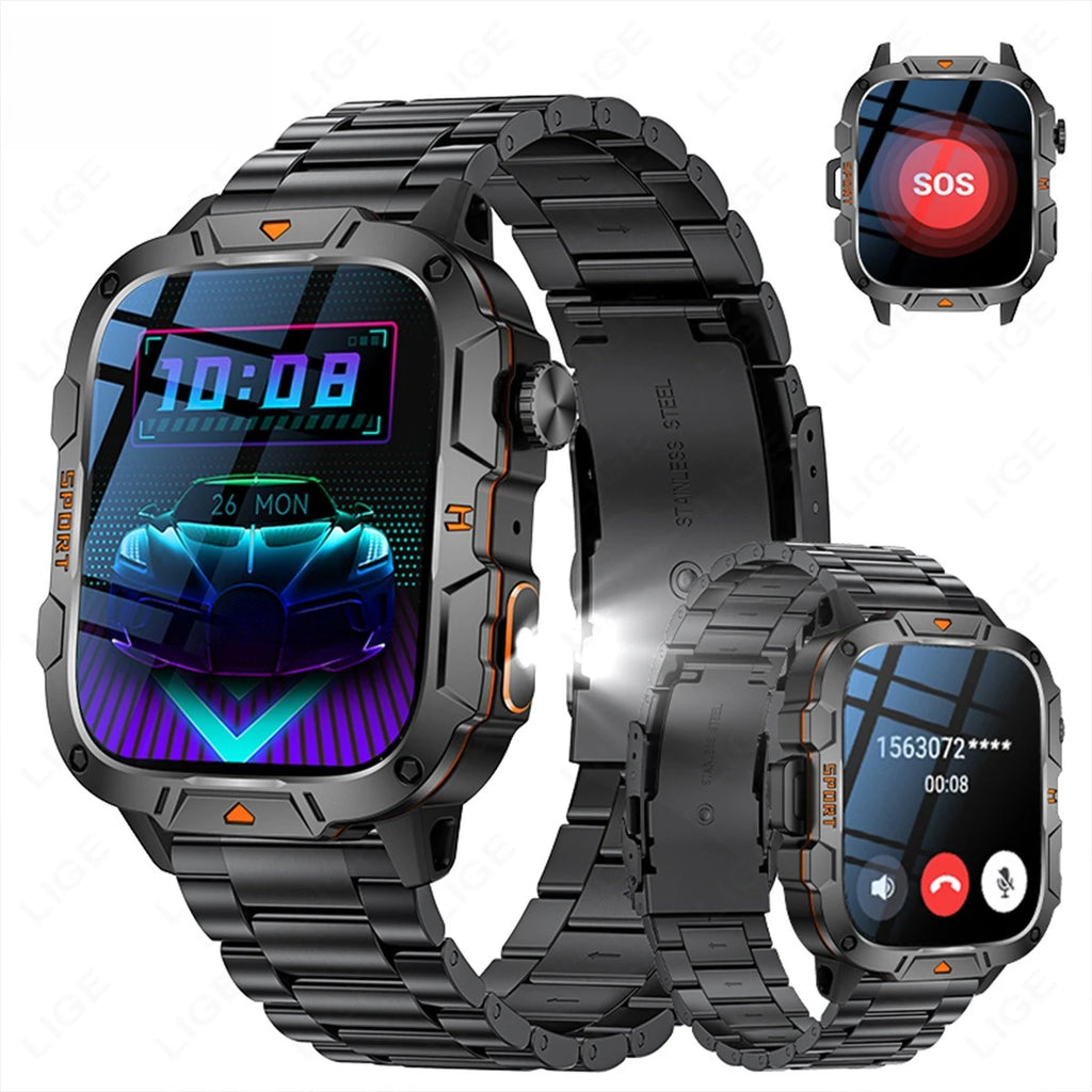 2026 New Military Grade Smart Watch Men 1.96" AMOLED Screen 5ATM Waterproof Sports Fitness Tracker BT Call Smartwatch