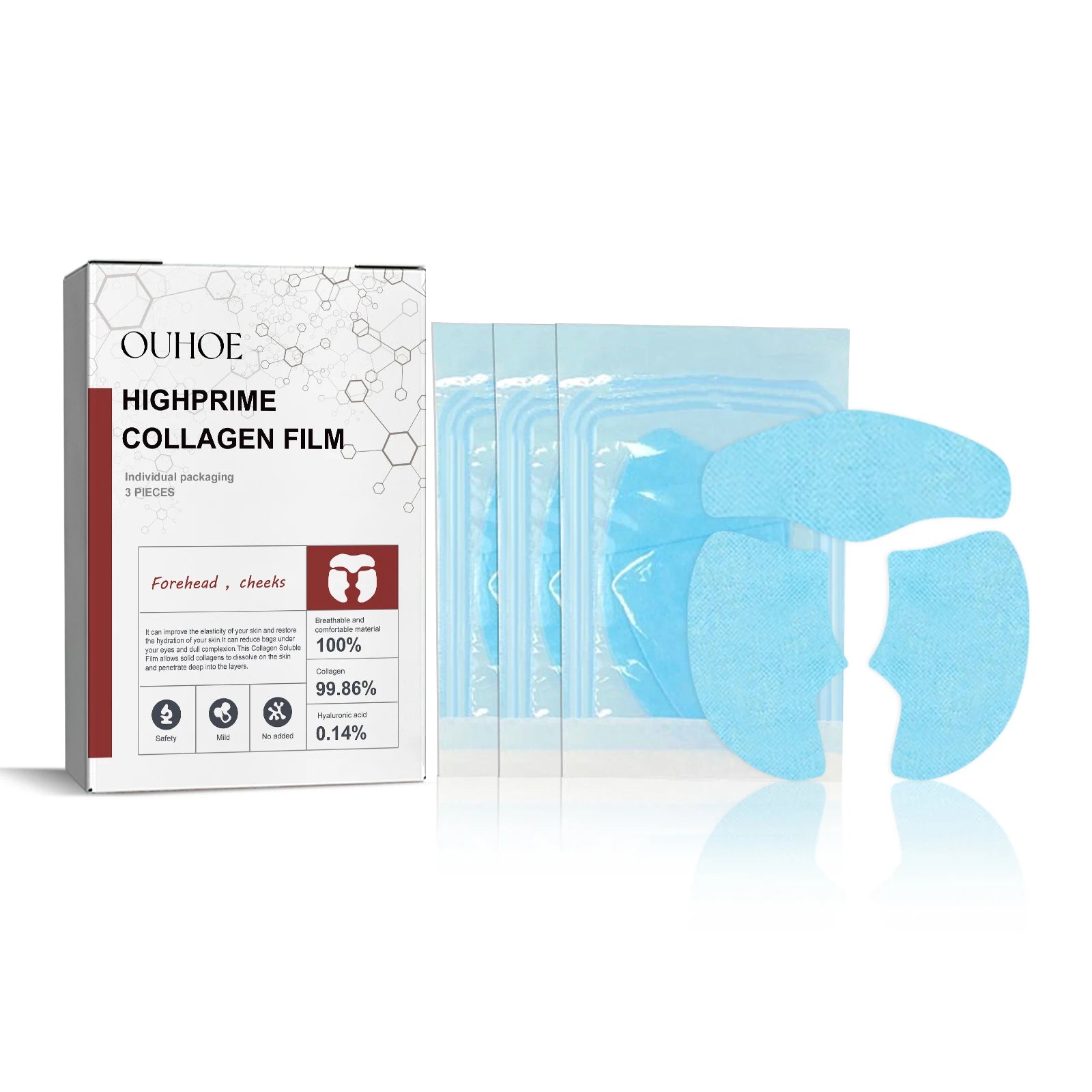 OUHOE highprime collagen film facial patch set with blue forehead and cheek stickers in box