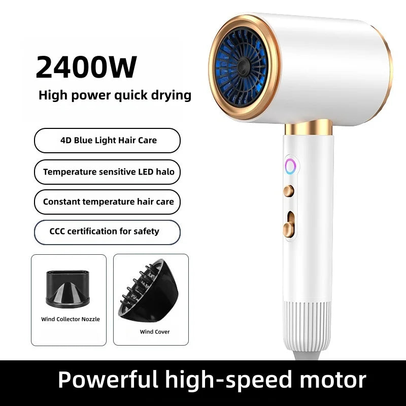 White and gold 2400W high-speed ionic hair dryer with nozzle and diffuser attachments for salon-quality drying.