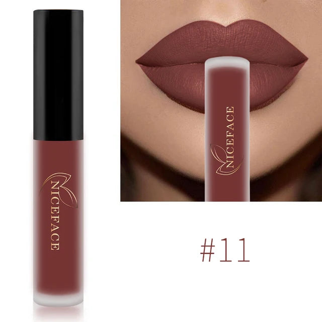 Niceface waterproof matte liquid lipstick in deep brick red shade #11 for long-lasting, smudge-proof lip makeup.
