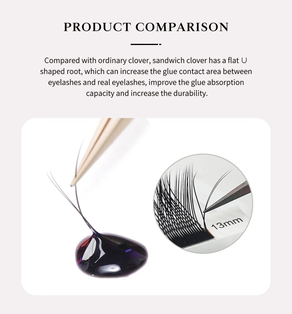 Black YY eyelash extension with a flat U-shaped root, shown being dipped into adhesive, 13mm length.