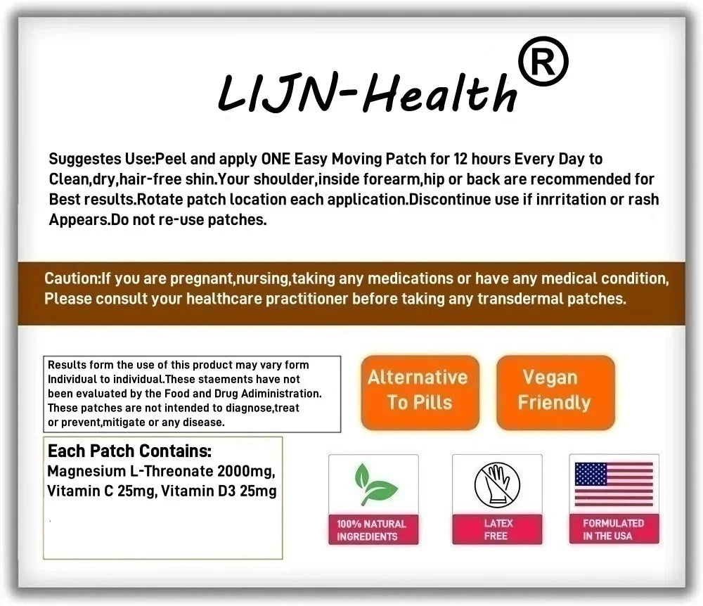 30 Patches Magnesium L-Threonate Transdermal Patches with Vitamin C & Vitamin D3 Supports Memory, Focus