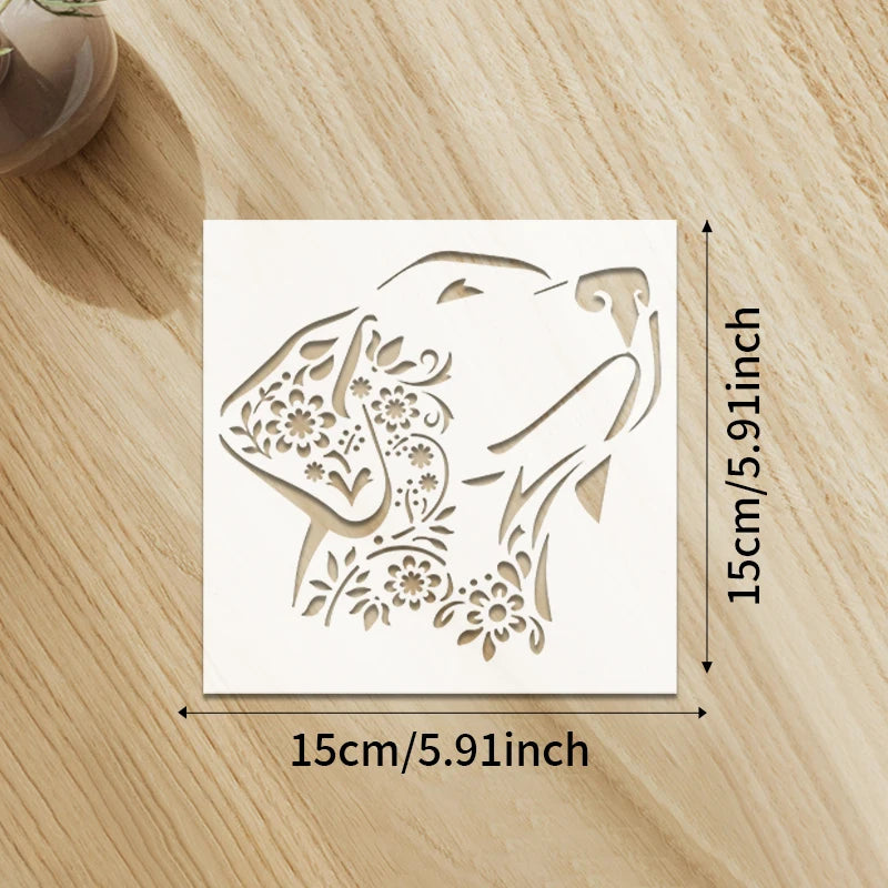 Reusable floral dog painting stencil, 15cm white PET template for DIY pet crafts, graffiti, and home decor projects.