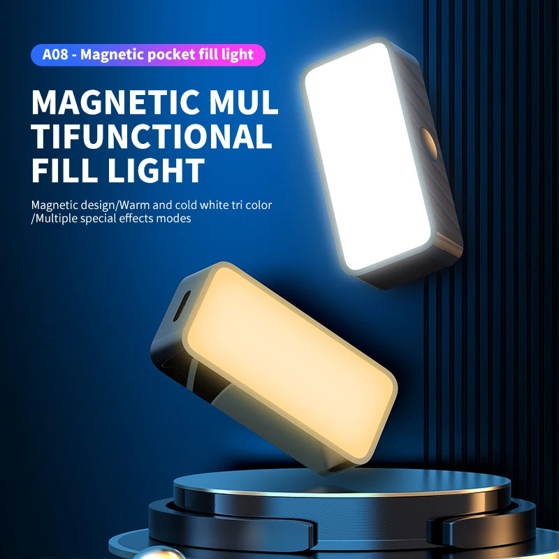 Two rectangular magnetic LED fill lights with white and warm light settings for photography on a blue background.