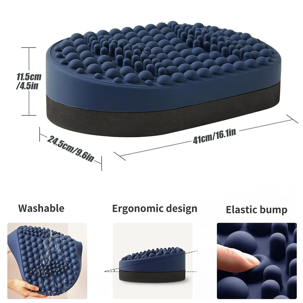 Blue ergonomic under desk foot rest with textured silicone massage bumps for plantar fasciitis relief. 41cm wide stool.