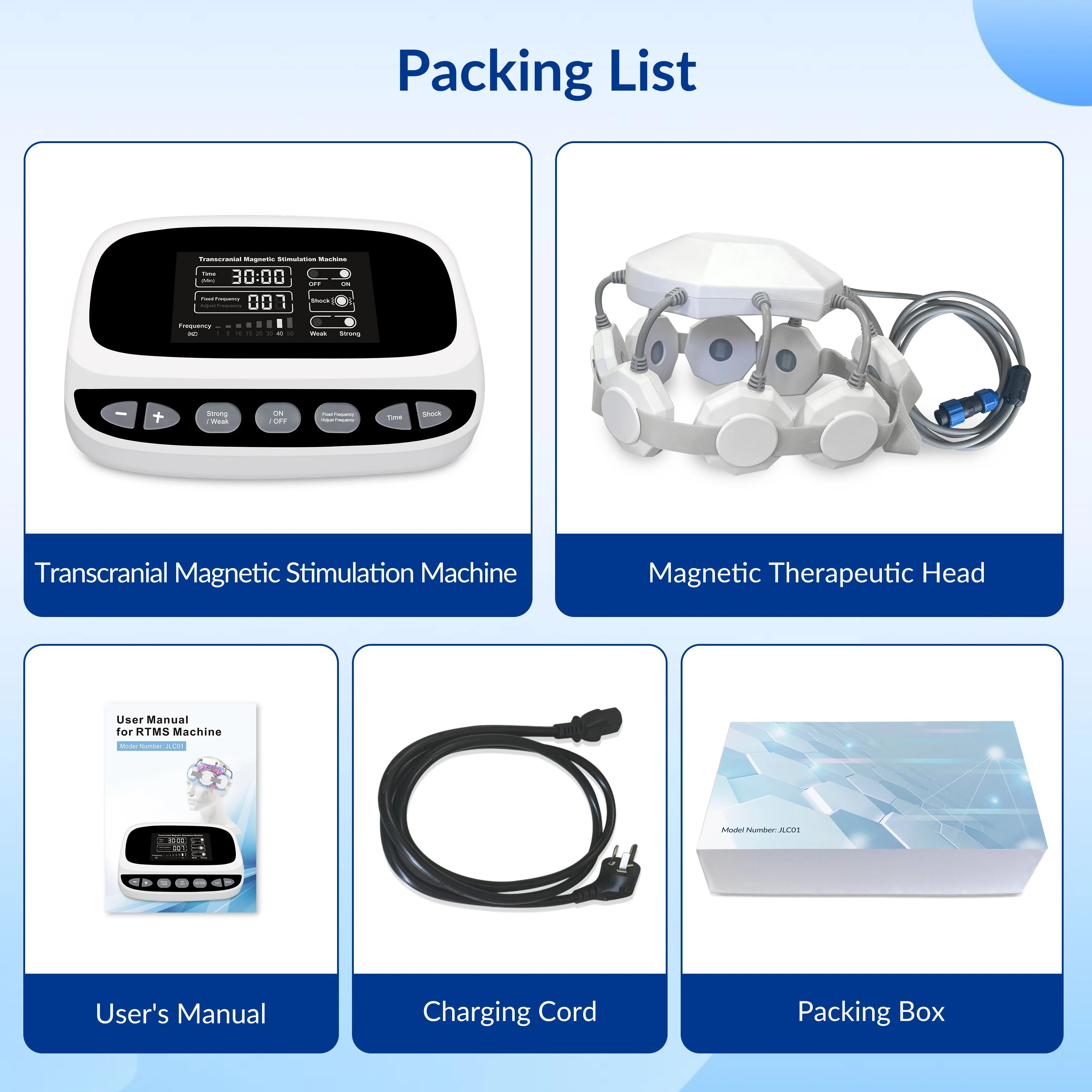 Frovab RTMS brain stimulation kit: console, magnetic therapy head, manual, power cord, and box for home rehabilitation.