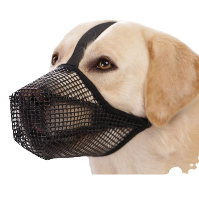 Adjustable black breathable mesh dog muzzle for anti-bite, lick control, and safe drinking. Comfortable pet mouth cover.
