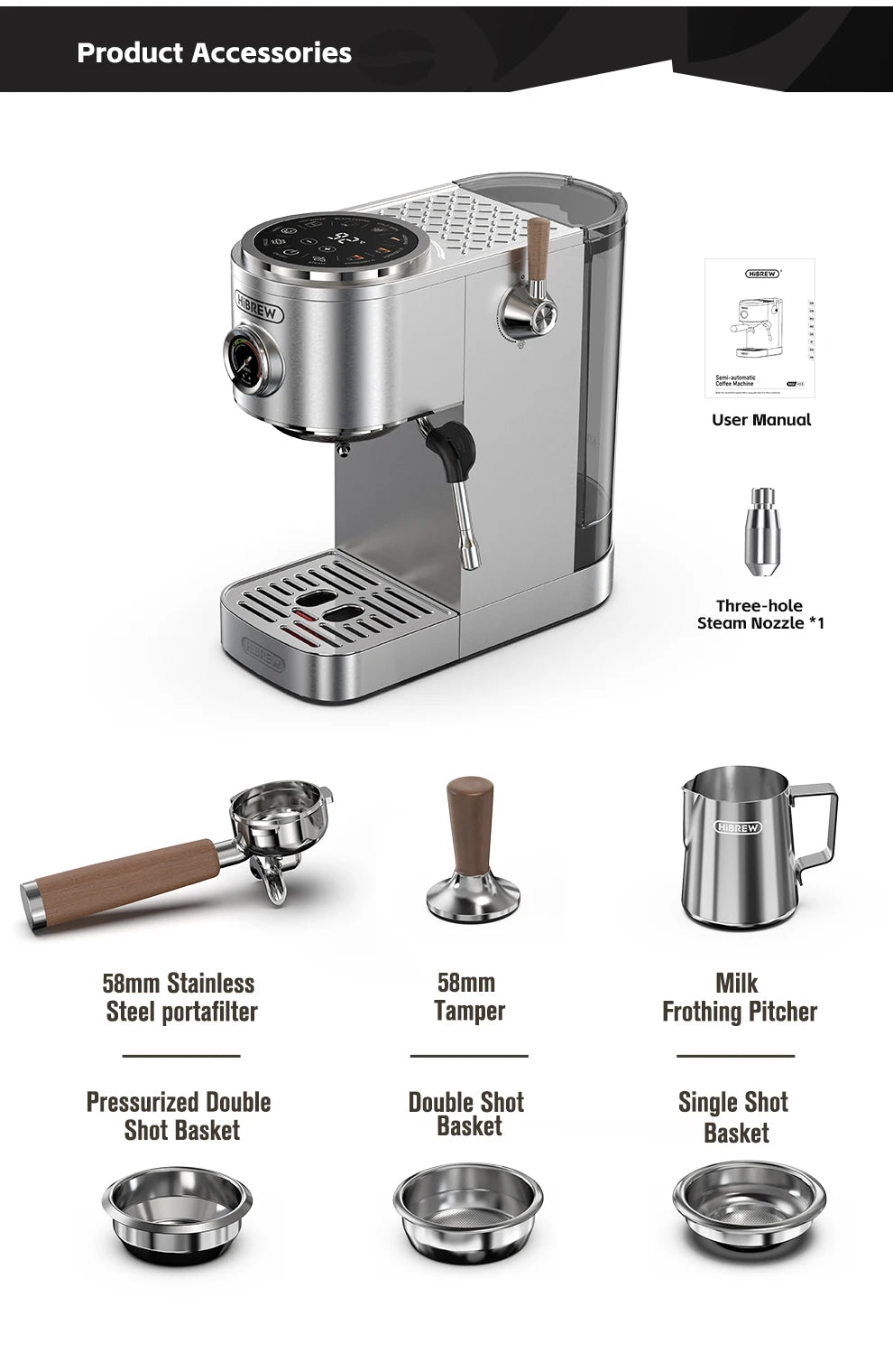 HiBREW stainless steel espresso machine with 58mm portafilter, tamper, frothing pitcher, and coffee filter baskets.