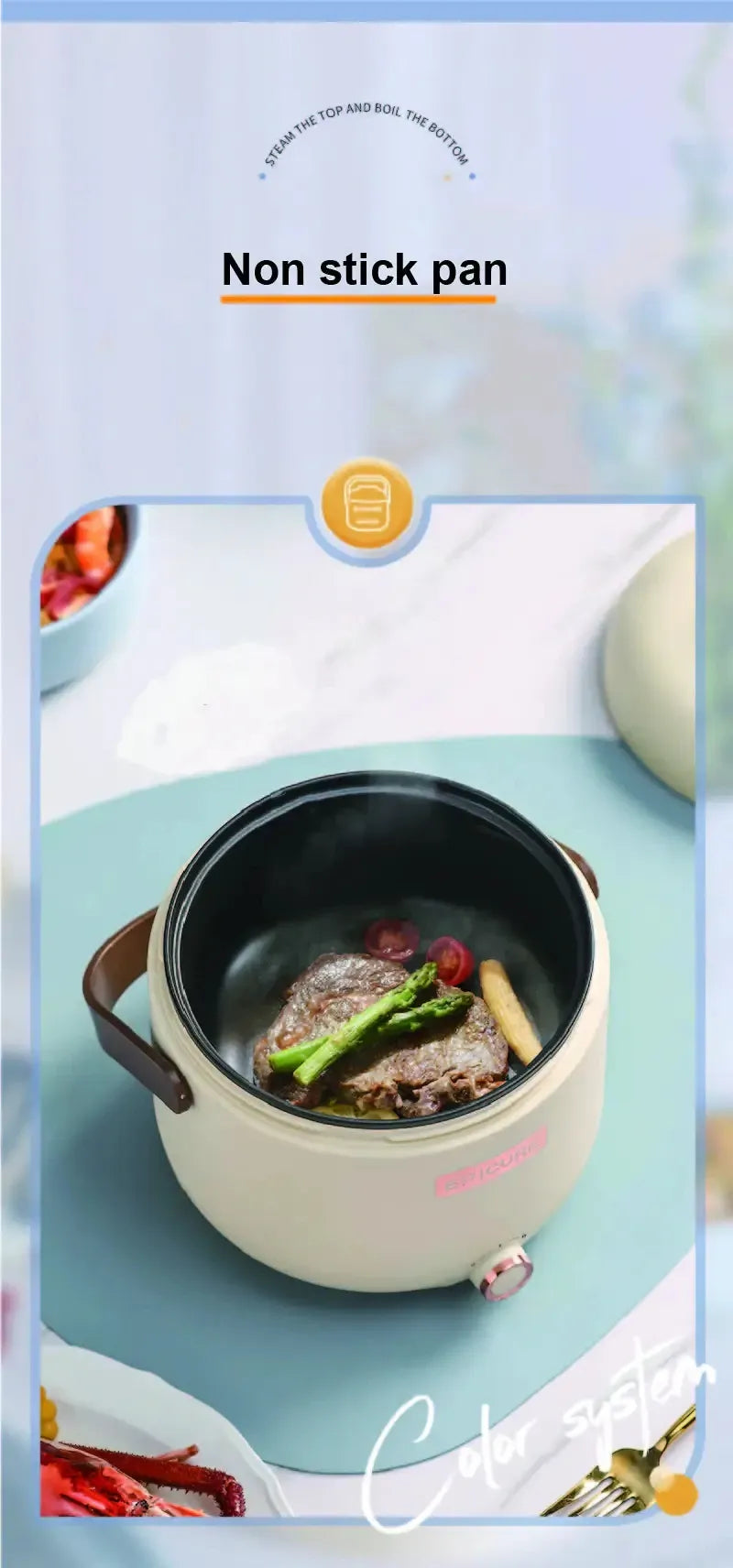 Nonstick inner pan with food inside electric hot pot, cream exterior