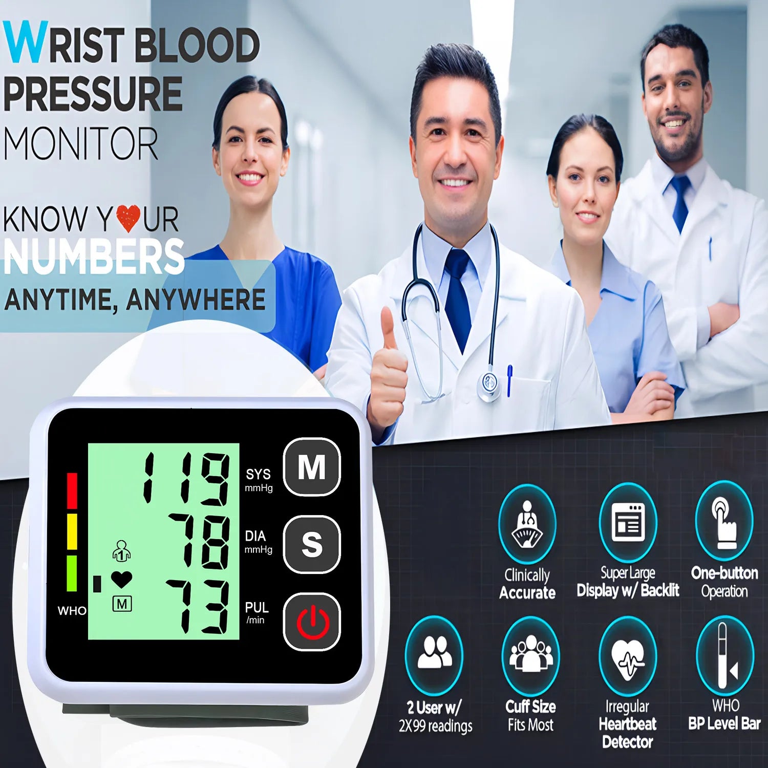Wrist-Type Blood Pressure Monitor LED Digital BP Automatic Pressure Tonometer Heart Rate Pulse Test Sensor Tensiometer