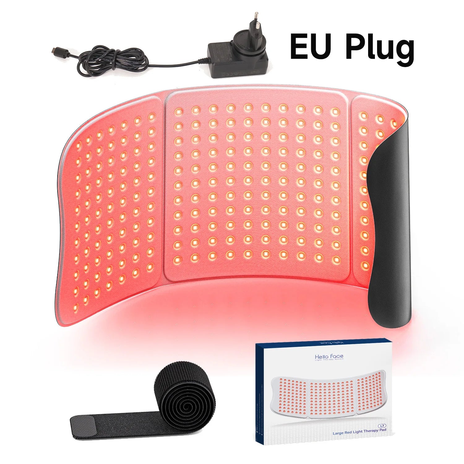 Large curved red light therapy mat with 792 LEDs, black strap, EU power adapter, and product box.