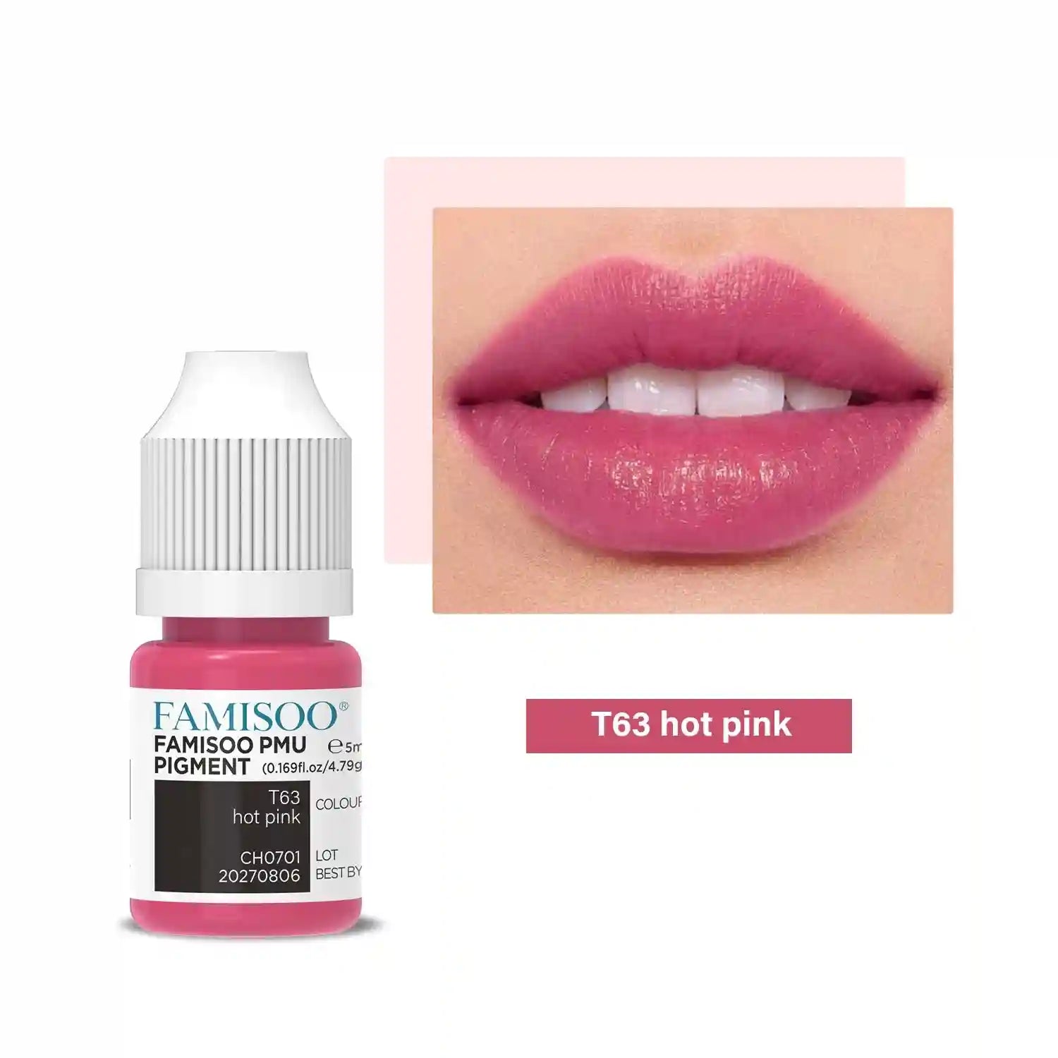 Hot pink permanent makeup pigment in a 5ml squeeze bottle, shown with a swatch of the color applied to lips.